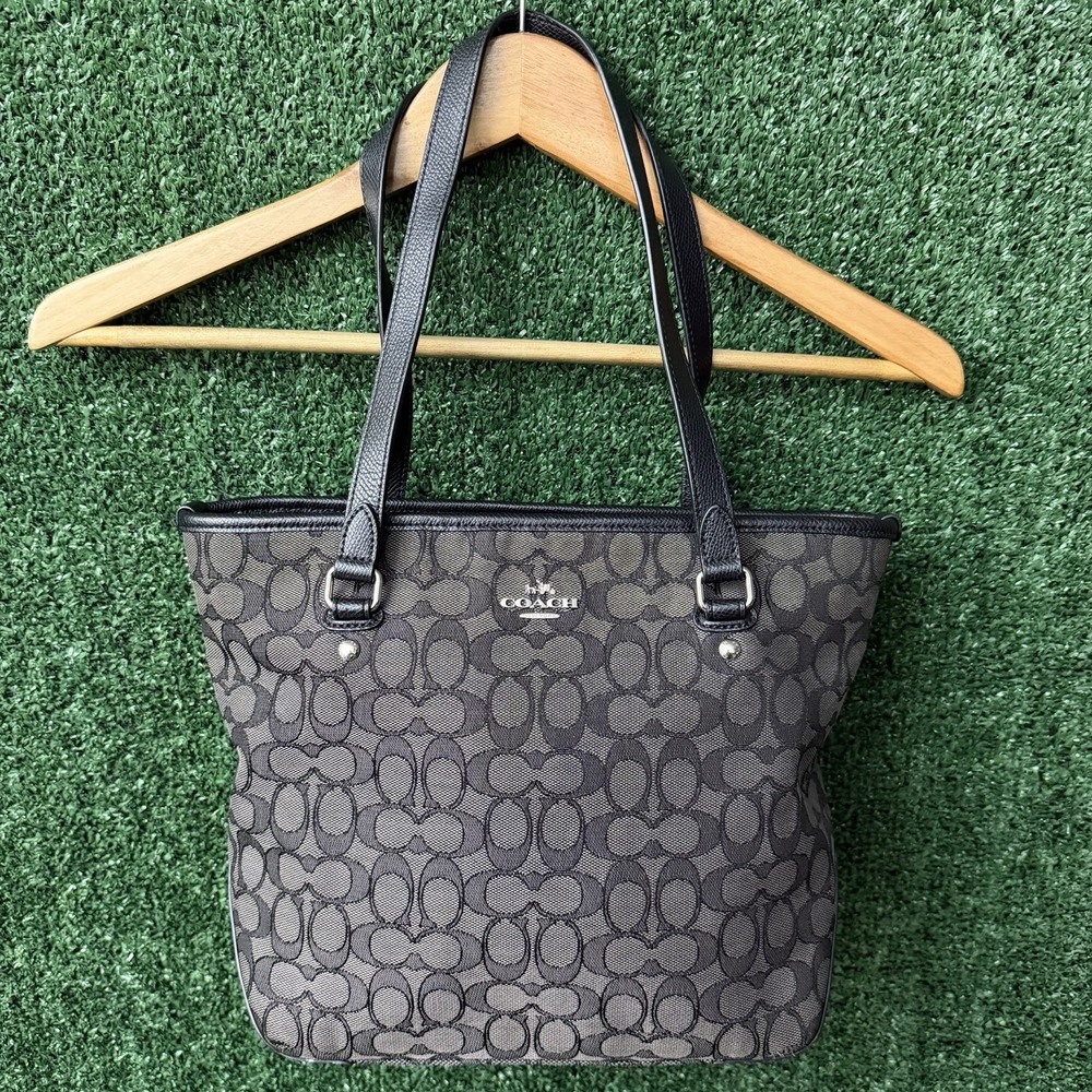 Coach F55364 Outline Signature Tote Black Gray Jacquard Leather Shoulder Bag